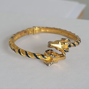 Vintage Pauline Rader Ram Aries Head Luxury Gold Blue Twisted Bangle Bracelet